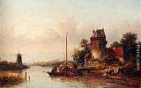 Jan Jacob Coenraad Spohler A River Landscape In Summer With A Moored Haybarge By A Fortified Farmhouse painting